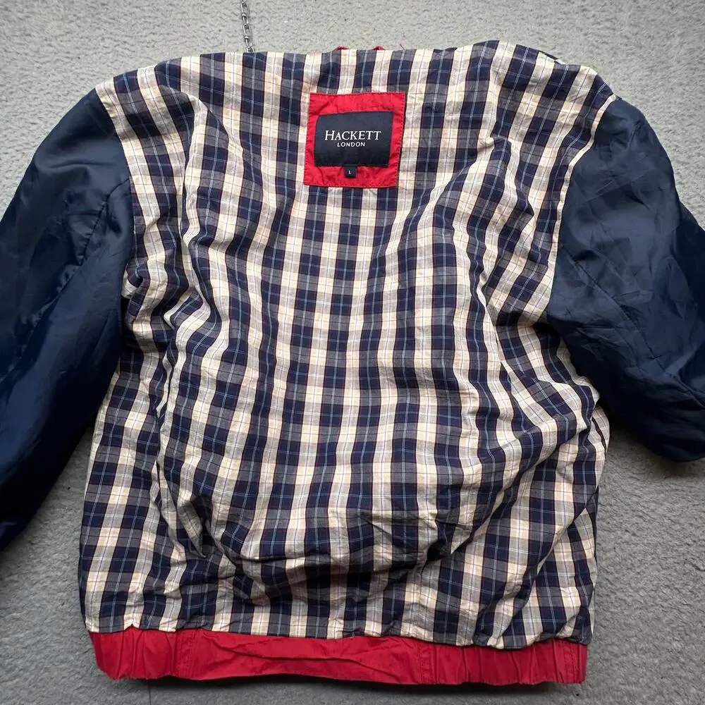 Hackett London Blouson Bomber Jacket Mens Large Harrington Zip Red Plaid Lined